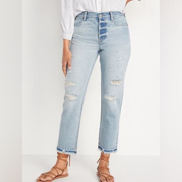 Old Navy High-Waisted Slouchy Straight Distressed Non-Stretch Jean Nessa Wash 18 - Picture 2 of 16